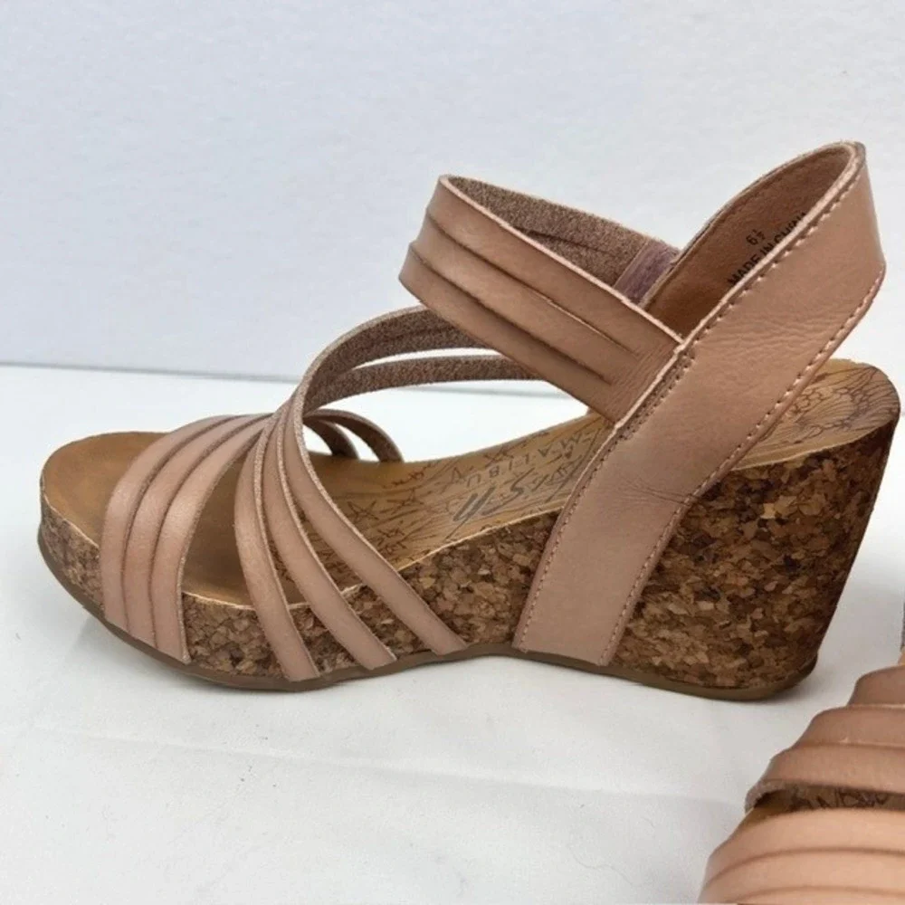 Blowfish Malibu Womens Tan Multi Strap Cork Wedge Sandals Ankle Strap Size 6.5